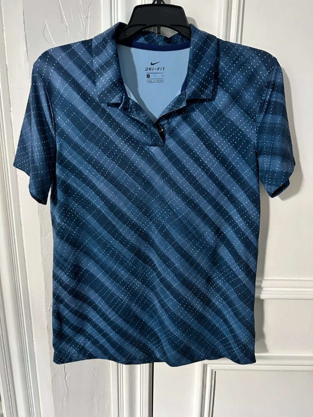 Nike Dri-FIT Womens Golf Polo Shirt Size Small Blue Plaid Stretch Short Sleeve